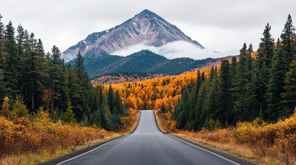 Scenic road trips in the USA depend on weather. A scenic road winds through vibrant autumn foliage, leading toward a majestic mountain shrouded in mist, creating a tranquil and picturesque landscape.
