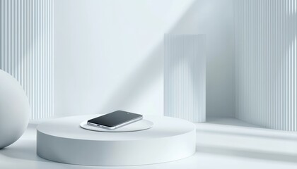 Wireless charging station with a single phone placed on it, soft light reflections, ultra-modern minimalism