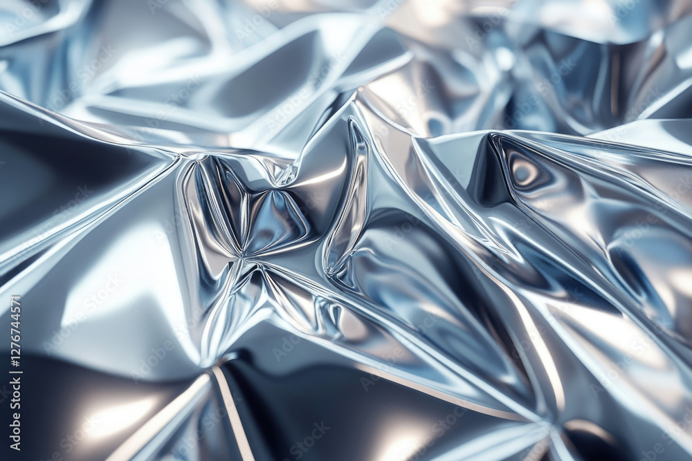 Poster Abstract image of crumpled silver foil, reflecting light in folds and creases, creating a metallic texture.