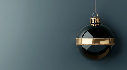 A Christmas ornament with a black and gold color scheme, displayed on a wall in a minimalist design.