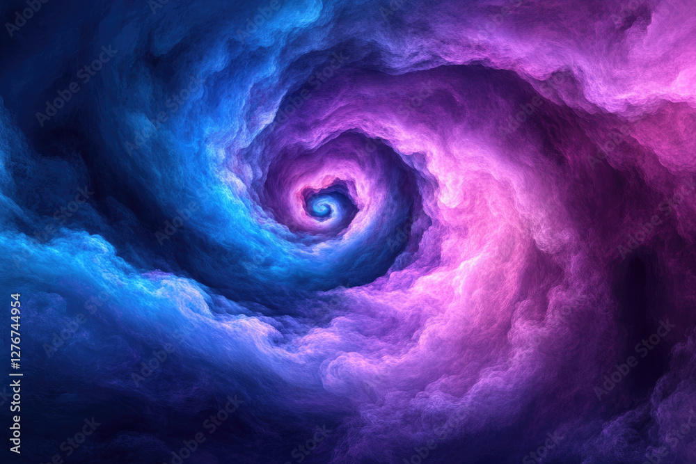 Poster abstract swirling vortex of vibrant blue and purple hues, creating a mesmerizing cosmic nebula effec