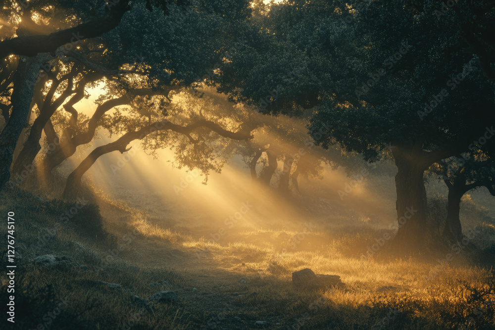 Aufkleber Sunbeams pierce through a misty forest, illuminating the ancient oak trees and creating a magical atmosphere.