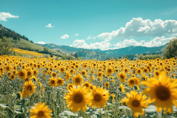 Fototapeta premium Vast sunflower field against a backdrop of mountains under a bright, sunny sky.
