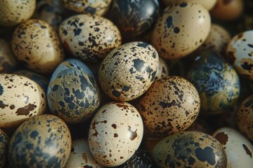 Close-up of speckled quail eggs in varied patterns. Neural network AI generated