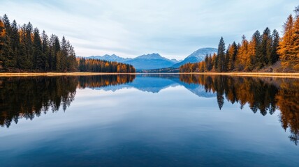 Obraz premium Mindful living with wellness and peace concept. Serene lake reflecting autumn trees and mountains in the background.