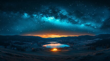 Fototapeta premium A tranquil campfire flickers against a backdrop of stars and mountains