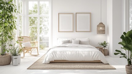 A bright modern bedroom with high ceilings and white walls