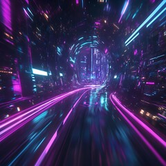 Fototapeta premium Futuristic city tunnel, neon lights, fast speed. Possible use Abstract background, technology concept