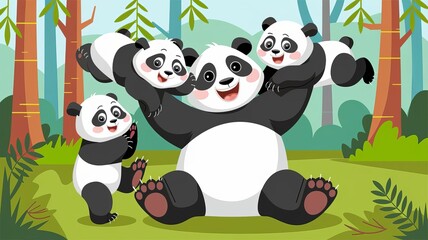 Obraz premium Father Panda Playing with Cubs in Jungle