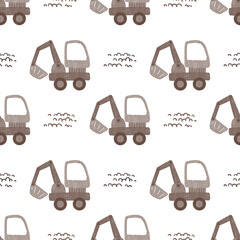 Seamless kids' pattern with excavators in neutral colors. A playful yet minimalistic construction vehicle design, perfect for children's textiles, wallpapers, wrapping paper, and nursery decor © Evgeniia