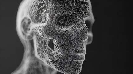 Abstract Human Face Mesh Network Digital Art Modern Design Elegant White Lines Dark Background      