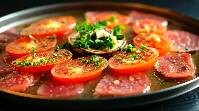 A close-up shot of thick ossobuco beef slices arranged in a circular pattern on a cold metal tray. The juicy red meat, visible connective tissue, and central bone give a rich, mout