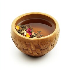 Natural Green Tea: A Woven Cup Filled with Green Tea, Accompanied by Loose Green Tea Leaves and Fresh Green Leaves on a White Background - A Simple and Refreshing Still Life