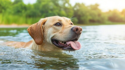 Dog swimming activities include water play and diving. A happy Labrador retriever swims in a serene body of water, enjoying the outdoors with a joyful expression under a bright, sunny sky.