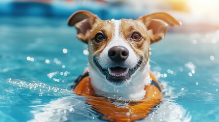 Dog swimming activities include water play and diving. A happy dog in an orange life jacket swims in a blue pool, enjoying a sunny day.