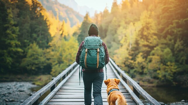 Hiking with dogs requires trail awareness and weather preparation. A person with a backpack walks their dog across a wooden bridge in a serene forest setting during autumn.