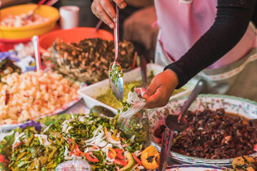 Ingredients for the traditional Taco de Plaza, typical food from Metepec, State of Mexico, there are nopales, beans, beef foot, pig foot, blood sausage, pickled vegetables. Arranged in a market stall.
