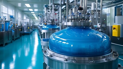 A factory with pharmaceutical equipment, including a mixing tank on the production line in the pharmaceutical manufacturing industry