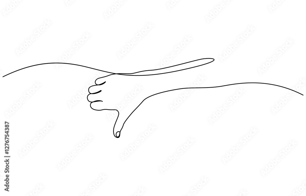 Poster thumb down in one continuous line. symbol of evil. negative gesture showing dislike in a one-line st