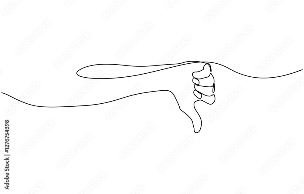 Poster thumb down in one continuous line. symbol of evil. negative gesture showing dislike in a one-line st