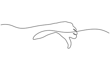Obraz premium Thumb down in one continuous line. Symbol of evil. Negative gesture showing dislike in a one-line style, Negative finger in editable stroke. Doodle contour vector illustration.