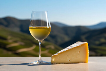 A Toast to Delight: A crystal glass of crisp white wine sits beside a slice of artisanal cheese, overlooking rolling hills, inviting a moment of refined pleasure.