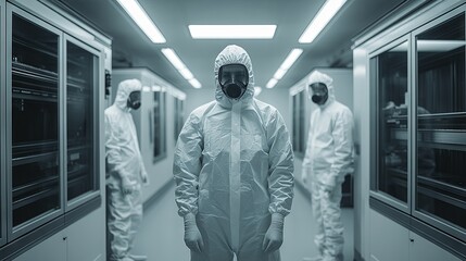 In the manufacturing facility, a team of scientists in sterile protective coveralls sets up and programs a modern industrial 3D printer for the high-precision production of semiconductors