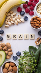 Fototapeta premium A Variety of Brain-boosting Foods Arranged Around The Word 