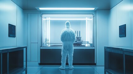 In the manufacturing facility, a team of scientists in sterile protective coveralls sets up and programs a modern industrial 3D printer for the high-precision production of semiconductors