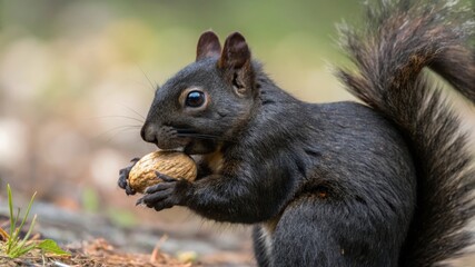 Fototapeta premium Closeup of a black squirrel eating a nut in a forest setting wildlife photography nature detailed view of animal behavior