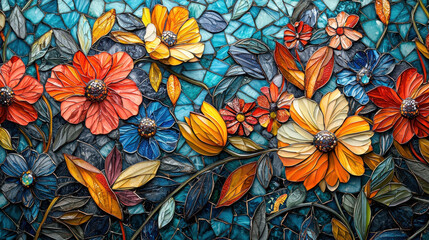 Vibrant floral mosaic with colorful flowers and leaves in intricate detail