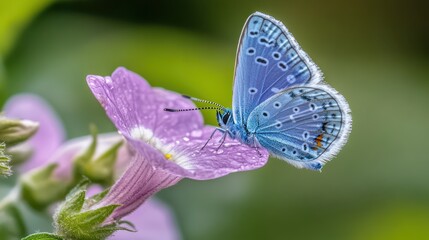 Blue butterfly perched on purple flower in natural setting