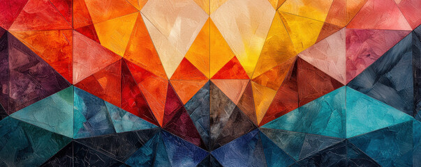 Vibrant geometric collage with warm colors and sharp angles, creating depth