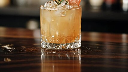 Refreshing citrus cocktail on bar counter with stylish garnish in warm lighting