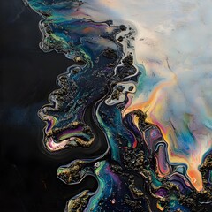 Iridescent fluid art with swirling rainbow colors, textured surface, and contrasting dark and light areas.