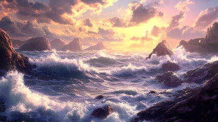 Fototapeta premium Dramatic seascape with crashing waves, rocky cliffs, and a distant castle under a vibrant, cloudy sunset sky.