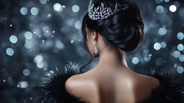 A portrait of a beauty pageant contestant wearing an open-back evening fur gown with sparkling diamond crown. The Asian woman, with black hairstyle and makeup, is shown from the back