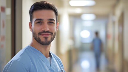 Fototapeta premium Healthcare professional smiles in hospital corridor during day shift