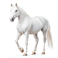 A majestic white horse elegantly walks, showcasing its strength and grace against a plain background.