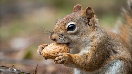 Fototapeta premium Closeup of a squirrel eating an almond forest floor wildlife photography natural habitat macro perspective capturing the essence of nature