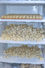 homemade dumplings pelmeni freezer storage shelves are filled with raw dumplings traditional food preparation process frozen food industry cooking culinary eastern european cuisine family life recipes