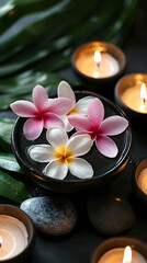 A black bowl filled with pink and white frangipani flowers
