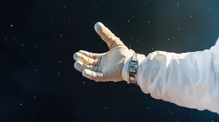 close-up of astronaut gloved hand reaching out in dark starry void showcasing wonders of human space travel