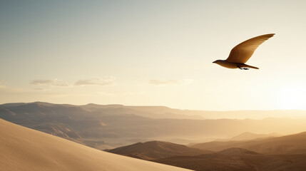 Naklejka premium bird soaring freely over vast canyon at golden hour, showcasing nature beauty and tranquility