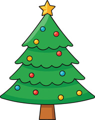 Christmas tree vector illustration, festive holiday pine tree, decorated Xmas tree with ornaments, winter celebration, seasonal decoration, New Year, holiday icon.


