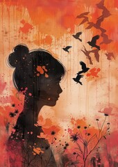 Artistic Silhouette of a Young Woman Surrounded by Birds in a Colorful Abstract Background of Orange and Red Tones