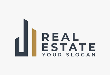 Minimalist Building logo design. Modern Real Estate symbol Intersect Geometric Shape Style usable for Architecture, real estate, apartment, house, home, construction residential, property Logotype.