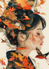 Woman with Colorful Hair and Birds Surrounded by Autumn Leaves in a Dreamy Artistic Style