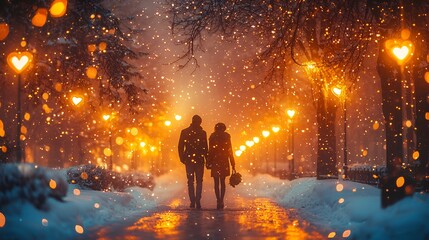 Obraz premium Winter couple walking snowy path, warm lights, romantic scene, background