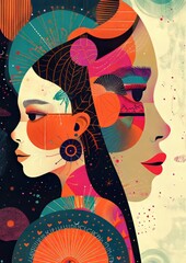 Vibrant Abstract Portrait of Two Women with Geometric Patterns and Colorful Designs